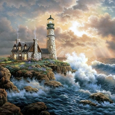 puffs, clouds, Lighthouses, Waves, picture