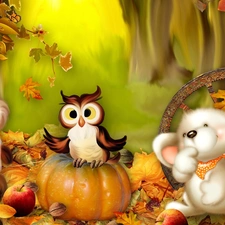 mouse, squirrel, pumpkin, apples, Leaf, owl