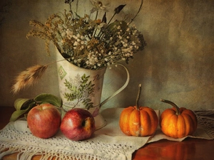 apples, pumpkin, dried, Flowers, pitcher