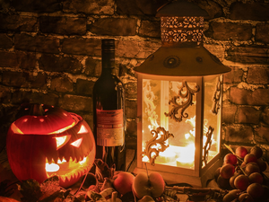 Candle, halloween, Wine, pumpkin, composition, Bottle, lantern