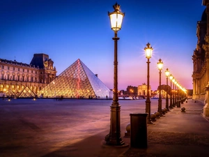 Louvre Museum, France, Pyramid, lanterns, palace, Paris