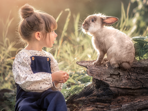 girl, trees, trunk, Rabbit