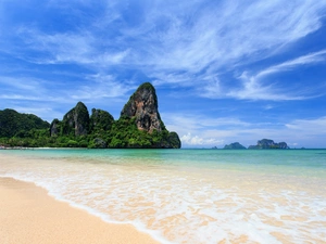 rocks, Krabi Province, clouds, Thailand, viewes, Railay Beach, Andaman Sea, trees