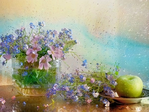 Cosmos, composition, Apple, Rain, Forget, Flowers