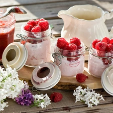 Flowers, Jam, Jars, raspberries, dessert, without, jug