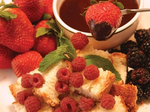 strawberries, blackberries, chocolate, raspberries