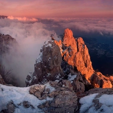 rays, Mountains, clouds