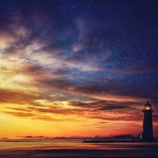 west, sea, rays, Lighthouse, sun, Waves