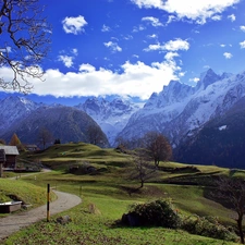 Way, Alps, rays, sun, Houses, medows