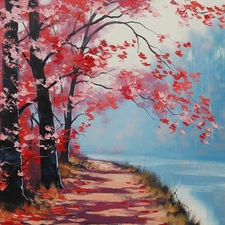 Red, Leaf, Path, forest, River