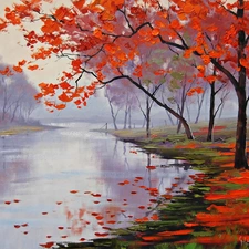 Red, Leaf, trees, viewes, River