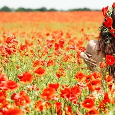 Red, papavers, wreath, Meadow, Women