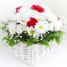 Red, roses, White, daisy, basket