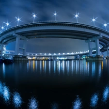 bridge, water, reflection, light