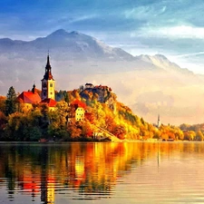 lake, Castle, reflection, Island