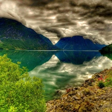 lake, clouds, reflection, Mountains