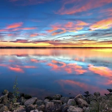 lake, Stones, reflection, clouds