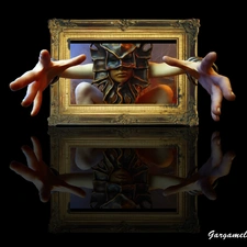 Mask, frame, reflection, hands