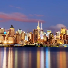 reflection, New York, town, River, panorama