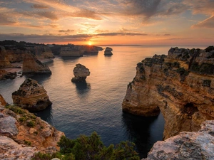 clouds, Great Sunsets, Portugal, sea, Algarve Region, rocks, Coast, Atlantic Ocean