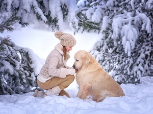 snow, trees, dog, viewes, winter, girl, Golden Retriever