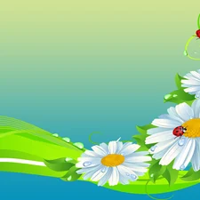 ribbon, graphics, daisies, ladybird, Flowers