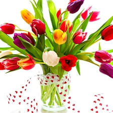 ribbon, hearts, Colorful, tulips, bouquet