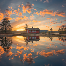 Ringerike, Norway, reflection, lake, house, Red, trees, viewes, clouds