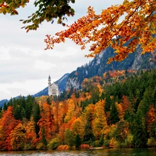 River, autumn, Mountains, woods, Castle