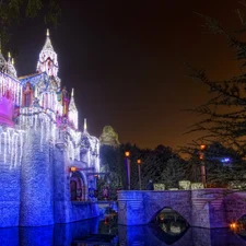 Castle, bridge, River, Lights