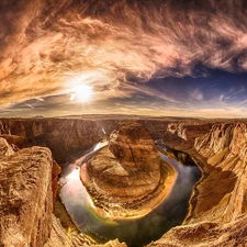 River, clouds, sun, canyon, west