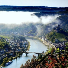 River, forest, Fog