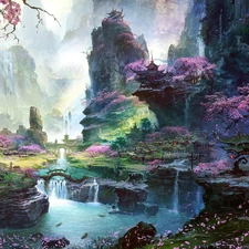 graphics, Mountains, River, fantasy