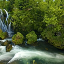 Mountain, trees, waterfall, viewes, rocks, River, green