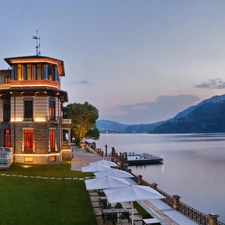 Hotel hall, Mountains, River, terrace