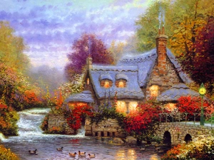 autumn, Thomas Kinkade, River, bridge, house
