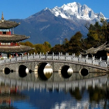 Japan, bridge, River, Mountains