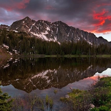 River, Meadow, clouds, Mountains, Red