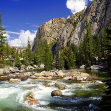 Mountains, Stones, River, forest