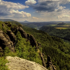 Mountains, woods, River, rocks