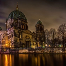 trees, Church, River, Night, viewes, fence