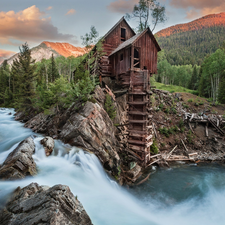 Mountains, Windmill, River, Old car