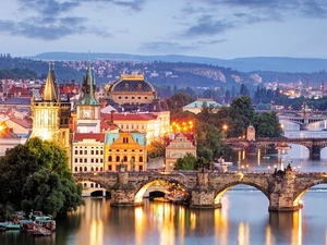 Houses, Bridges, Prague, Czech Republic, evening, Vltava River