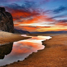 clouds, west, River, steppe, Mountains, sun