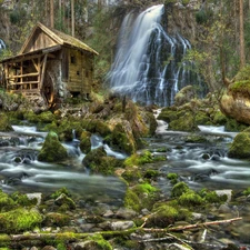 River, Stones, waterfalls, Windmill, forest
