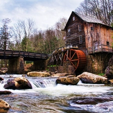 River, Stones, Windmill, bridge, Old car