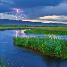 storm, lightning, River, clouds