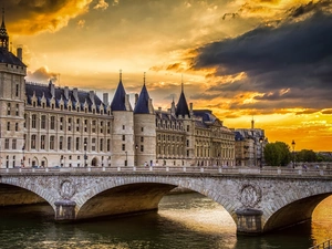 bridge, Justice, sun, River, palace, west, Paris