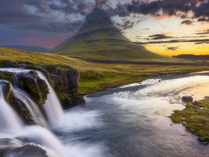 River, Kirkjufell Mountain, Snaefellsnes Peninsula, iceland, Sunrise, Kirkjufellsfoss Waterfall
