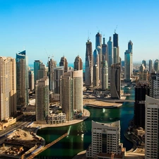 View, skyscrapers, River, town